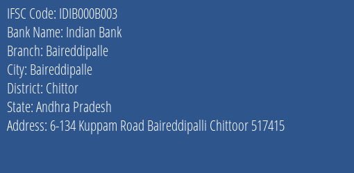 Indian Bank Baireddipalle Branch Chittor IFSC Code IDIB000B003