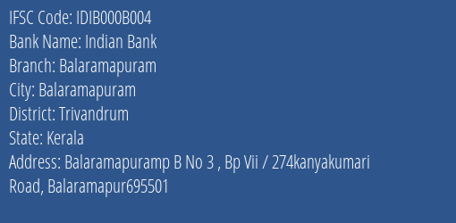 Indian Bank Balaramapuram Branch, Branch Code 00B004 & IFSC Code IDIB000B004