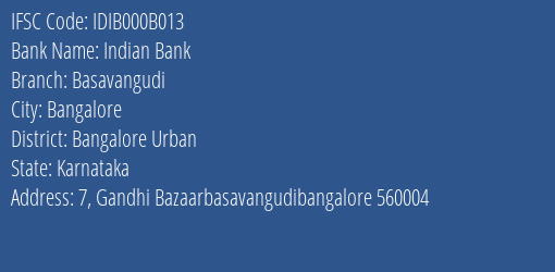Indian Bank Basavangudi Branch, Branch Code 00B013 & IFSC Code IDIB000B013