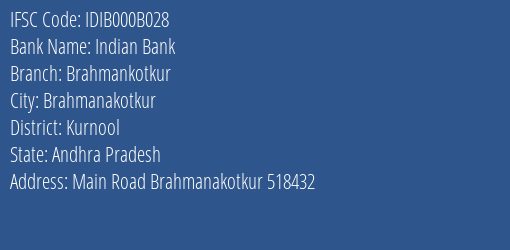 Indian Bank Brahmankotkur Branch Kurnool IFSC Code IDIB000B028