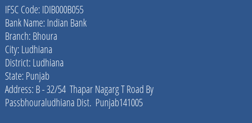 Indian Bank Bhoura Branch, Branch Code 00B055 & IFSC Code IDIB000B055