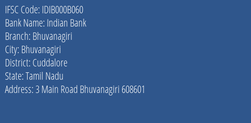 Indian Bank Bhuvanagiri Branch, Branch Code 00B060 & IFSC Code IDIB000B060