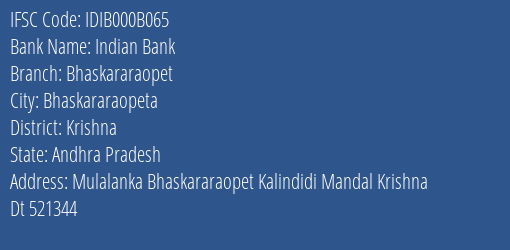 Indian Bank Bhaskararaopet Branch Krishna IFSC Code IDIB000B065