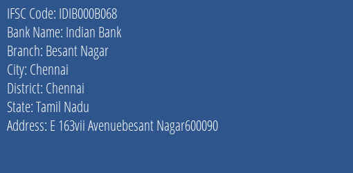 Indian Bank Besant Nagar Branch IFSC Code