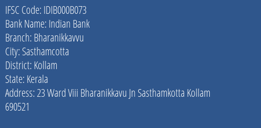 Indian Bank Bharanikkavvu Branch, Branch Code 00B073 & IFSC Code IDIB000B073