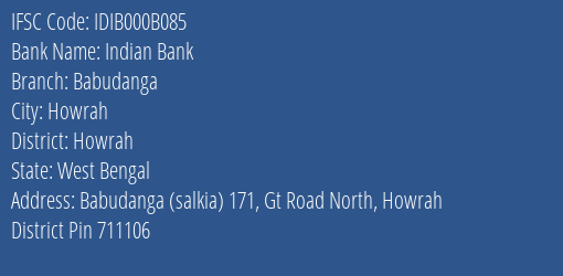Indian Bank Babudanga Branch, Branch Code 00B085 & IFSC Code IDIB000B085