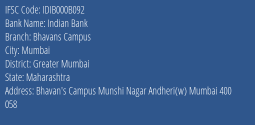 Indian Bank Bhavans Campus Branch, Branch Code 00B092 & IFSC Code IDIB000B092