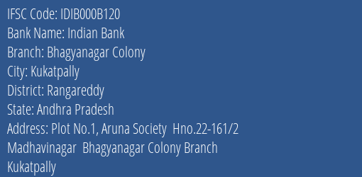 Indian Bank Bhagyanagar Colony Branch Rangareddy IFSC Code IDIB000B120