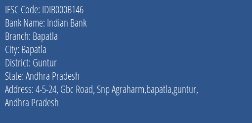 Indian Bank Bapatla Branch Guntur IFSC Code IDIB000B146