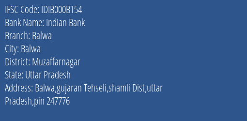 Indian Bank Balwa Branch Muzaffarnagar IFSC Code IDIB000B154