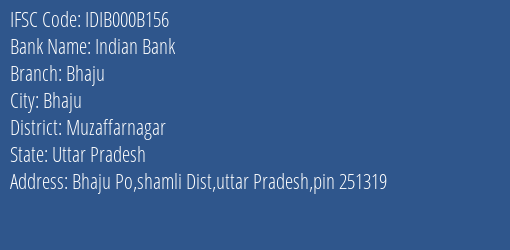 Indian Bank Bhaju Branch Muzaffarnagar IFSC Code IDIB000B156
