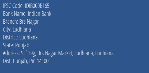 Indian Bank Brs Nagar Branch Ludhiana IFSC Code IDIB000B165