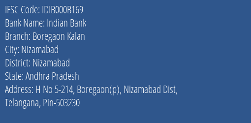 Indian Bank Boregaon Kalan Branch Nizamabad IFSC Code IDIB000B169