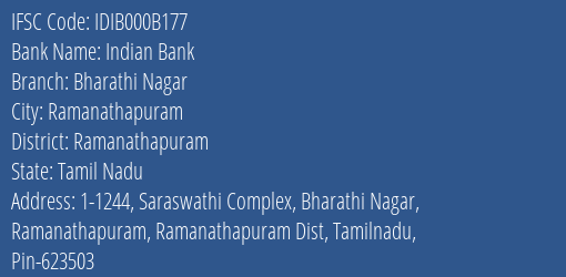 Indian Bank Bharathi Nagar Branch, Branch Code 00B177 & IFSC Code IDIB000B177