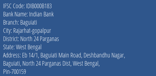 Indian Bank Baguiati Branch, Branch Code 00B183 & IFSC Code IDIB000B183