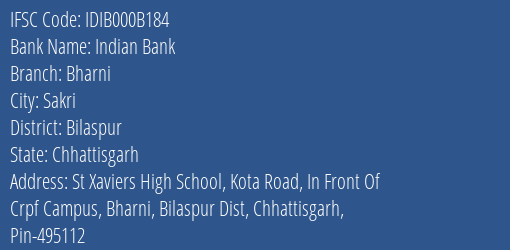 Indian Bank Bharni Branch, Branch Code 00B184 & IFSC Code Idib000b184