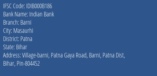 Indian Bank Barni Branch Patna IFSC Code IDIB000B186