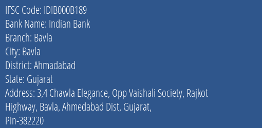 Indian Bank Bavla Branch, Branch Code 00B189 & IFSC Code IDIB000B189