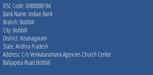 Indian Bank Bobbili Branch Vizianagaram IFSC Code IDIB000B194