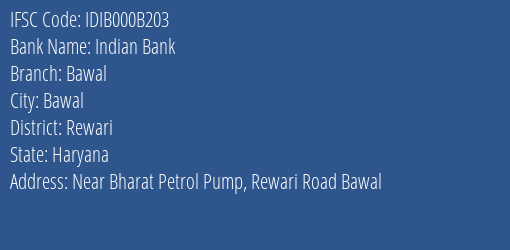 Indian Bank Bawal Branch, Branch Code 00B203 & IFSC Code IDIB000B203