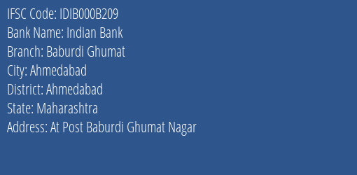 Indian Bank Baburdi Ghumat Branch, Branch Code 00B209 & IFSC Code IDIB000B209