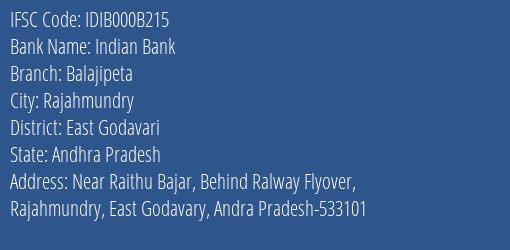 Indian Bank Balajipeta Branch East Godavari IFSC Code IDIB000B215