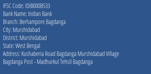 Indian Bank Berhampore Bagdanga Branch IFSC Code