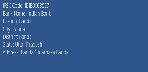 Indian Bank Banda Branch Banda IFSC Code IDIB000B597