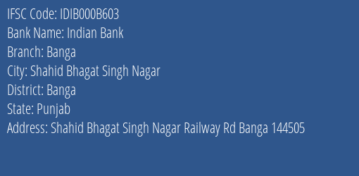 Indian Bank Banga Branch, Branch Code 00B603 & IFSC Code Idib000b603