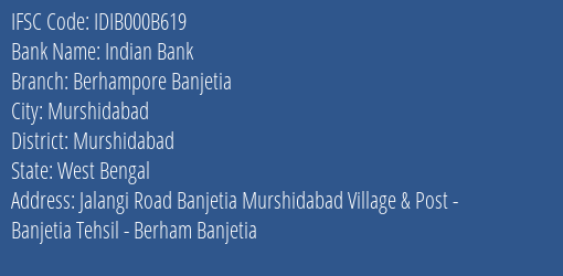 Indian Bank Berhampore Banjetia Branch IFSC Code