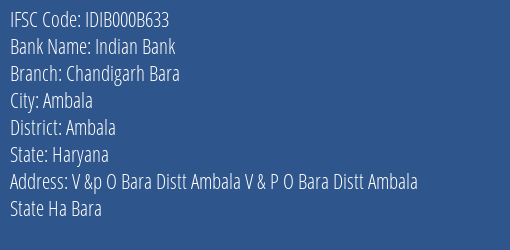 Indian Bank Chandigarh Bara Branch, Branch Code 00B633 & IFSC Code IDIB000B633