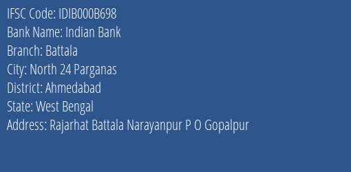 Indian Bank Battala Branch, Branch Code 00B698 & IFSC Code IDIB000B698