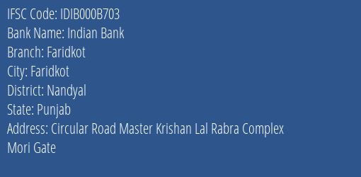 Indian Bank Faridkot Branch Nandyal IFSC Code IDIB000B703