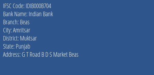 Indian Bank Beas Branch Muktsar IFSC Code IDIB000B704