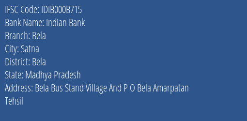 Indian Bank Bela Branch Bela IFSC Code IDIB000B715
