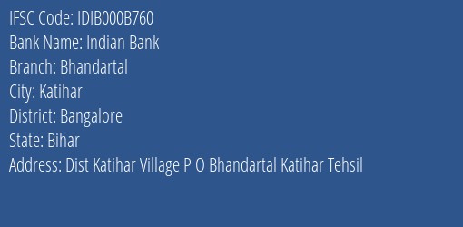Indian Bank Bhandartal Branch, Branch Code 00B760 & IFSC Code IDIB000B760