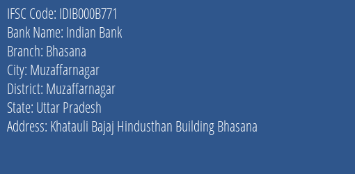 Indian Bank Bhasana Branch Muzaffarnagar IFSC Code IDIB000B771