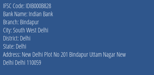 Indian Bank Bindapur Branch, Branch Code 00B828 & IFSC Code IDIB000B828