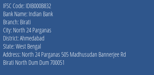 Indian Bank Birati Branch, Branch Code 00B832 & IFSC Code IDIB000B832