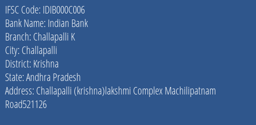 Indian Bank Challapalli K Branch Krishna IFSC Code IDIB000C006