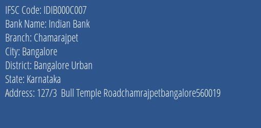Indian Bank Chamarajpet Branch, Branch Code 00C007 & IFSC Code IDIB000C007