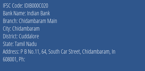 Indian Bank Chidambaram Main Branch IFSC Code