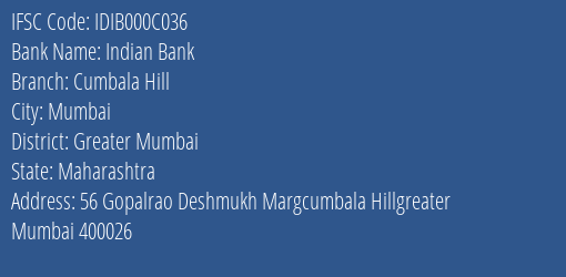 Indian Bank Cumbala Hill Branch IFSC Code