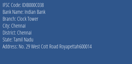 Indian Bank Clock Tower Branch IFSC Code