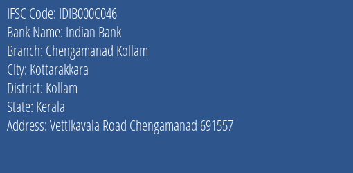 Indian Bank Chengamanad Kollam Branch IFSC Code