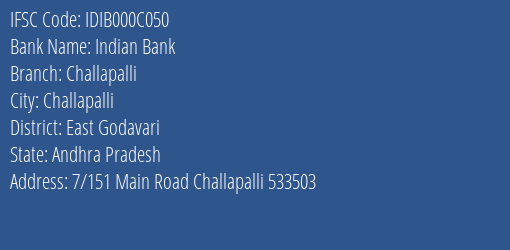 Indian Bank Challapalli Branch East Godavari IFSC Code IDIB000C050