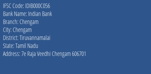 Indian Bank Chengam Branch, Branch Code 00C056 & IFSC Code IDIB000C056