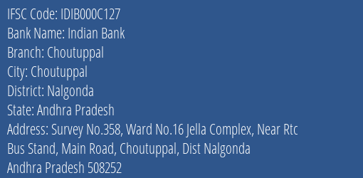 Indian Bank Choutuppal Branch Nalgonda IFSC Code IDIB000C127