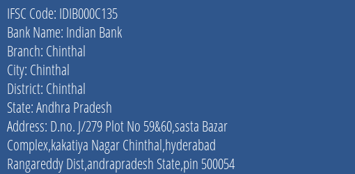 Indian Bank Chinthal Branch Chinthal IFSC Code IDIB000C135