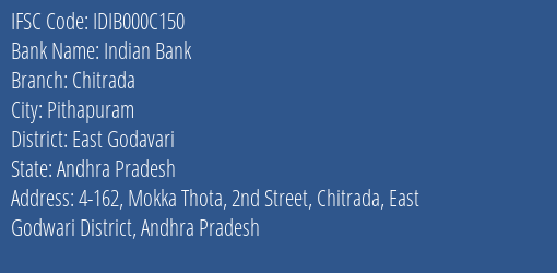 Indian Bank Chitrada Branch East Godavari IFSC Code IDIB000C150